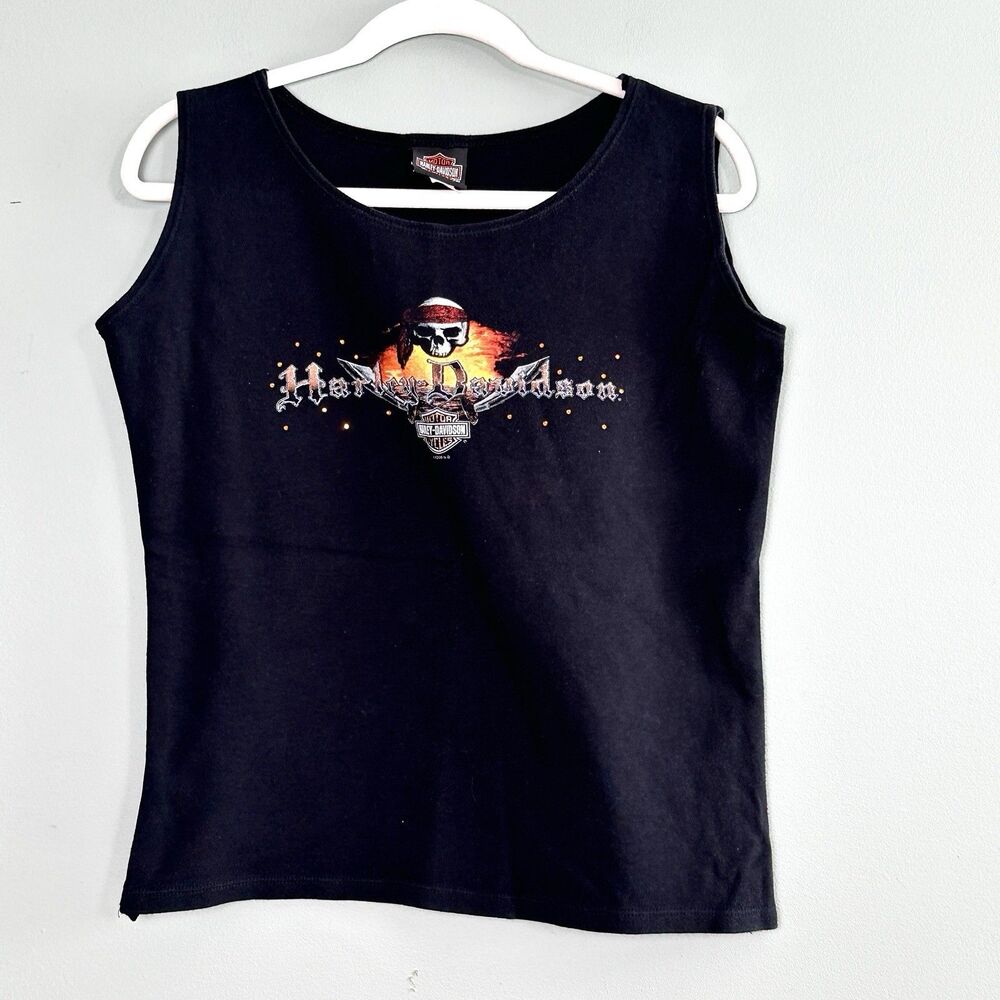 Harley Davidson Tank Top Womens 2X Black Grand Cayman Skull Bling VTG Y2K READ